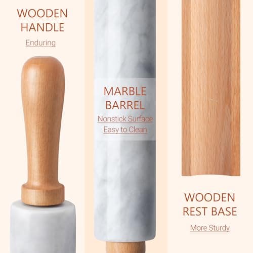 PARMEDU Solid Marble Rolling Pin Set with Wooden Base, Silicone Baking Mat and Dough Scraper, 10-inch Roller White, Model BK003 6