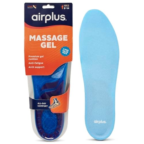 Airplus Massage Gel Insoles, Premium Gel Cushioning with Heel and Ball-of-Foot, Arch Support Insoles, Thin Profile, Trim-to-Fit, Full Length Comfort for Casual, Athletic, and Dress Shoes, Men's 8-14