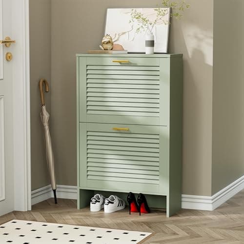 Glavbiku Shoe Storage Cabinet with 2 Flip Drawers, Louvered Shoe Cabinet for Entryway, Narrow Hidden Storage Organizer Space Saving, Shoe Rack Cabinet for Hallway Foyer, Green 7
