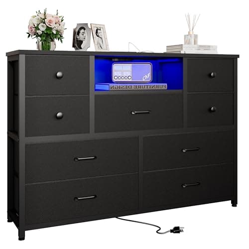 LDTTCUK Dresser, Black Dresser for Bedroom with LED Lights & Charging Station, TV Stand Dresser with 9 Drawers, Long Fabric Dressers Chest of Drawers with PU Finish for Living Room, Bedroom, Closet