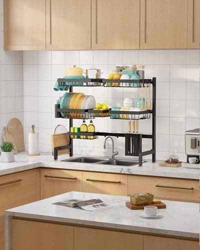 Sakugi Over The Sink Dish Drying Rack - Adjustable 3 Tier XX-Large Capacity Stainless Steel Drainer with Cutlery & Utensil Holders, Kitchen Storage & Organization, 31.5"-39.5"L x 12"W x 30.5"H, Black 8