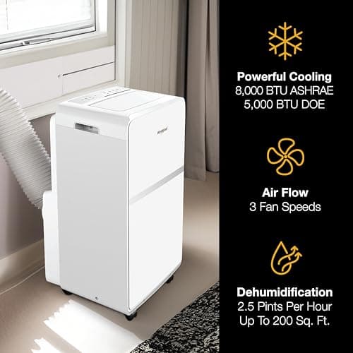 Whirlpool 8,000 BTU Portable Air Conditioner with Dehumidifier for Apartment, Bedroom, Small Rooms up to 200 Sq. Ft., 115V, with 3 Speeds, 24H Timer, and Remote Control, White 5