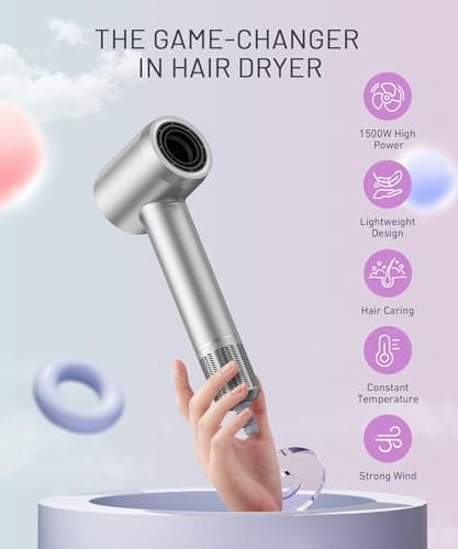 Cosy Companions High-Speed Ionic Hair Dryer, 150000 RPM Brushless Motor for 2-5Min Fast Drying, Low Noise Blow Dryer Reduces Frizz & Heat Damage, Lightweight Hair Dryer with Diffuser & Nozzle, Silvery 7