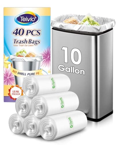 10 Gallon 40 Counts Medium Trash Bags Tall Kitchen Garbage Bags by Teivio, 9 Gallon 10 Gallon 11 Gallon,Bathroom Trash Can Bin Liners, Intended for Home,Plastic Bags for office kitchen, Clear