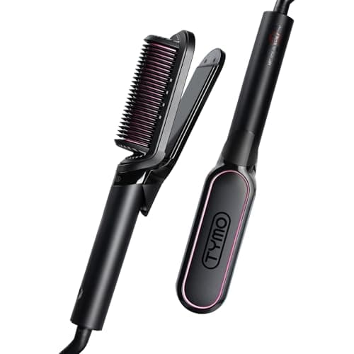 TYMO Flat Iron Hair Straightener Brush 2 in 1, 200M Ions Hair Straighteners for Women, Ceramic Dual Voltage Straightening Hot Comb for Anti-Frizz Straights, Waves, Curl, 3X Less Heat Damage, Black
