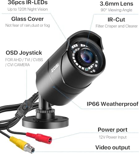 ZOSI 1080P 1920TVL Security Camera Outdoor Indoor,Hybrid 4-in-1 TVI/CVI/AHD/960H CVBS Bullet Cam for Analog Home Office Surveillance DVR CCTV System,IP67 Weatherproof,120ft IR Night Vision,Black 8