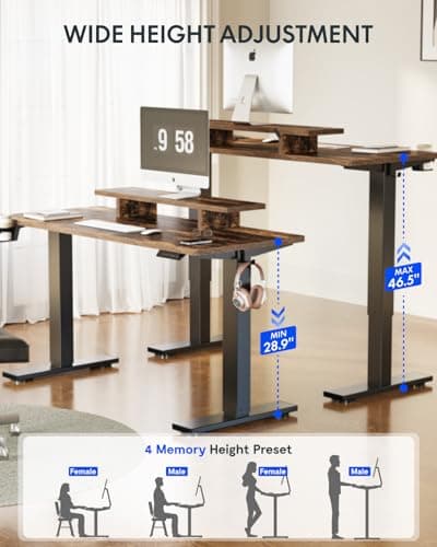 FLEXISPOT Standing Desk with Monitor Stand, 55 x 24 Inches One-Piece Electric Height Adjustable Computer Desk with Cup Holder for Home Office, Rustic 8