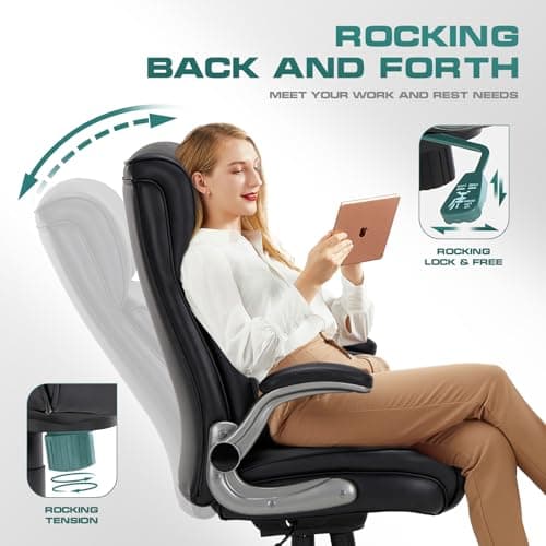 COLAMY High Back Office Chair Big and Tall 300lbs, Ergonomic Desk Armchair with Adjusatble Lumbar Support, Upgraded Casters, Flip-Up Padded Arms, Leather Home Chair with Thick Cushion-Black 6