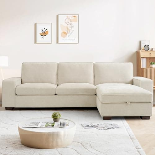 PARKOL 99" L-Shaped Sectional Couch with Storage, Sofa with Reversible Chaise, USB Type-C Charging, Chenille Fabric, Removable Covers, for Small Space, Apartment, Living Room (Beige, 55" Chaise)