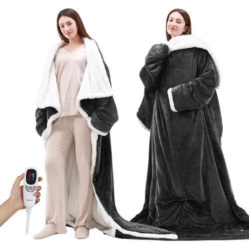 NIORSUN Heated Blanket Throw with Foot Pocket, Wearable Electric Blanket with 9 Heating Levels & 10 Time Settings, Ultra-Soft Flannel & Sherpa, Cozy Gift for Family and Friends, 50 * 70", Grey