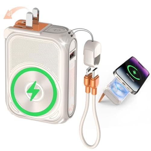 SEANCHEER P05 Portable Charger, Magnetic Power Bank, Small Wireless PowerBank, Battery Pack10000mAh Travel Essentials Fast Charging with Built in Cable, Foldable Wall Plug for iPhone,Samsung,Andriod