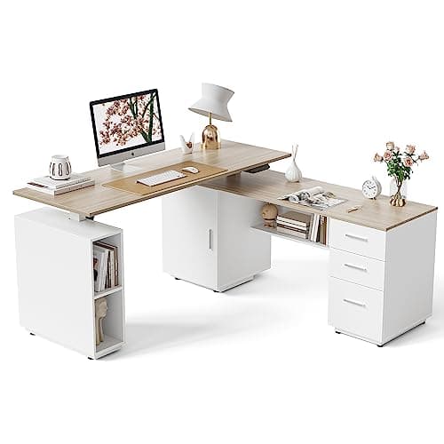 FEZIBO Electric Height Adjustable Stand up Desk for Home Office, 63" L Shaped Executive Standing Desk with 3-Drawer File Cabinet, Computer Desk with Storage Cabinets, White Frame/Light Walnut Top