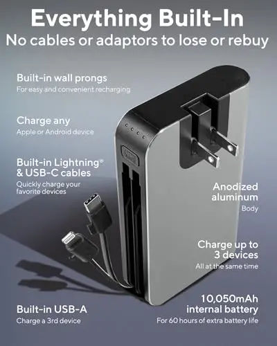 myCharge Portable Charger with Wall Plug – 10050mAh Fast Charger – Power Bank for iPhone, Samsung, Android & More - External Battery Pack Portable Charger with Built-in Cables (Lightning + USB-C) 5