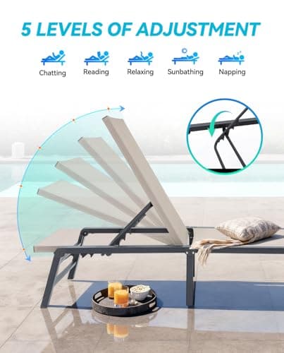 U ULAND Chaise Lounge Outdoor, Aluminum Outdoor Chaise Lounge Set of 2 Assemble-Free, Patio Lounger Poolside Lay Flat Sunbathing Adjustable Backrest Pool Lounge Chair 7