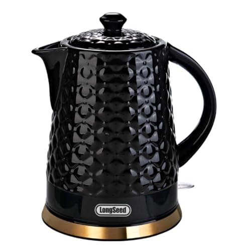 LONGSEED Ceramic Electric Kettle, 1.5L/1200W Boil Water Quickly and Easily with Boil-Dry Protection Auto Shut Off, Detachable Swivel Base, Black Relief Carving
