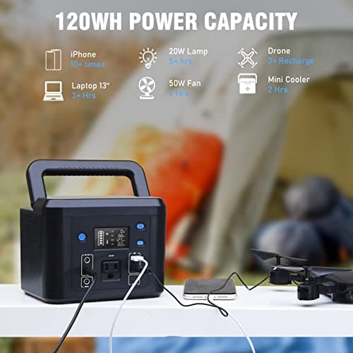 200W Portable Power Station, Powkey 120Wh/33,000mAh Power Bank with AC Outlet, 110V 6 Outputs Solar Generator External Battery Pack with LED Light for Home Use and Outdoor Camping 7