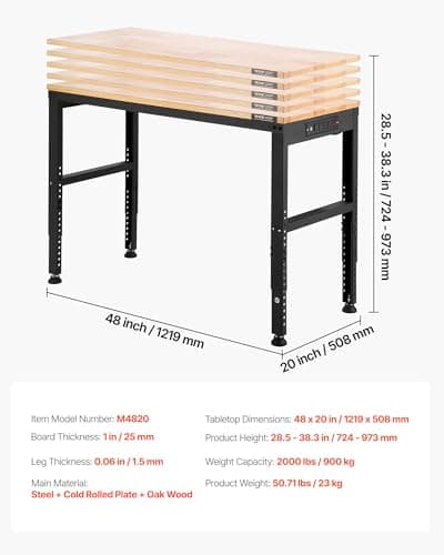 VEVOR Adjustable Workbench, 2000 lbs Capacity, 48 x 20-inch Heavy Duty Work Bench with 28.5-38.3 Inches Height Adjustment, Garage Workbench with Power Outlets, Suitable for Office, Garage, Workshop 7