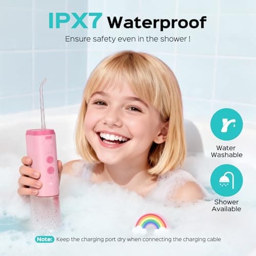 COSLUS T40 Portable Water Flosser for Kids: 4 Gentle Modes for Ages 6+, Braces & Sensitive Teeth - with Fun DIY Stickers, 4 Storable Nozzles, Mini Compact for Home School & Travel, BPA-Free, Pink 6