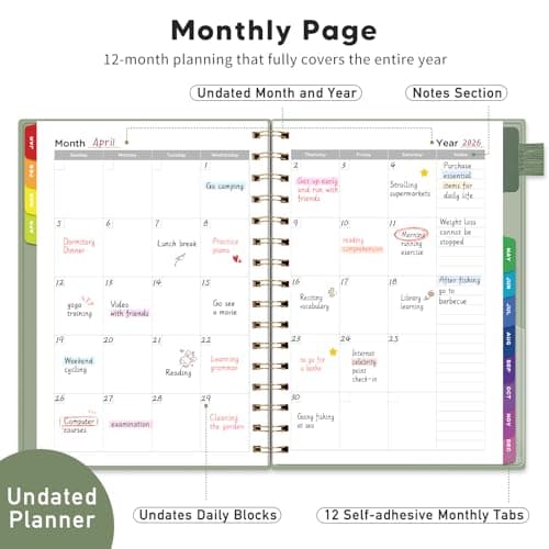 EMSHOI Undated Planner, Weekly and Monthly Calendar, 53 Weeks and 12 Months, A5 (6.38" x 8.35"), 100GSM Thick Paper, PVC Cover, Monthly Tabs, Note Pages, Start Anytime 4