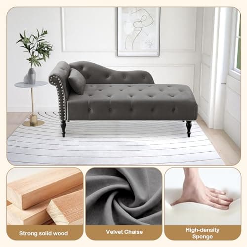 HomJoones Tufted Upholstered Velvet Rolled Arm Chaise Lounges Indoor Chair, Right Arm Facing Chaise Lounge with Nailhead Trim and 1 Pillow,for Living Room Bedroom Office (Grey) 7