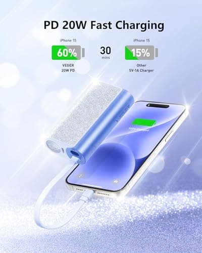 VEGER Compact Portable Charger with Built in Cable(Removable), 10000mAh Cute Power Bank 20W Fast Charging, Sparkling Battery Pack Fashion Travel Accessory Compatible with iPhone 15/14, Android-Blue 5