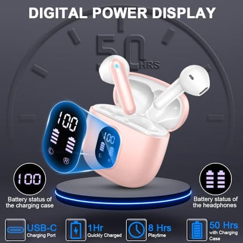 Wireless Earbuds, Bluetooth 5.4 Headphones 50H Playback Bass Stereo Ear Buds with 4 ENC Cancelling Mics, Bluetooth Earbuds Dual LED Display IP7 Waterproof in-Ear Earphones USB-C for Android iOS Pink 6