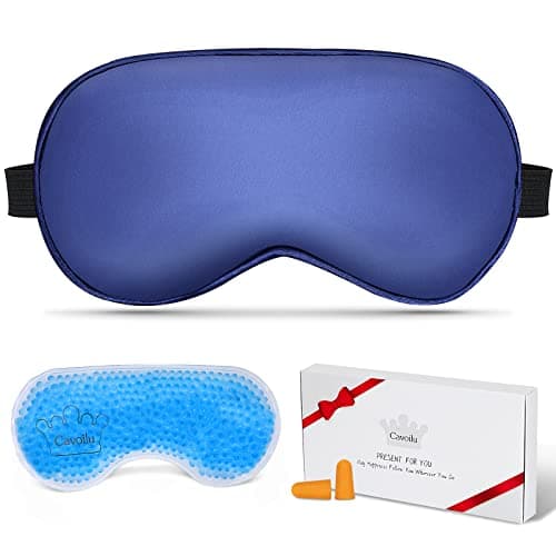 Cavoilu Cooling Sleep Mask w/Gel Eye Mask, Silk Eye Mask for Sleeping, Heated Eye Masks, Blindfold Eye Cover Sleeping Mask for Home Office Travel, Gifts for Men Women, Stocking Stuffers (Blue)