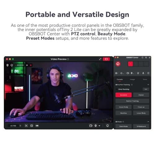 OBSBOT Tiny 2 Lite AI-Powered 4K UHD PTZ Webcam,1/2" CMOS 4X Digital Zoom, AI Auto Tracking, Auto Zoom, Gesture Control 2.0, Beauty Mode,Preset Modes,LiveStream for Game/Meeting/Online Educate 5