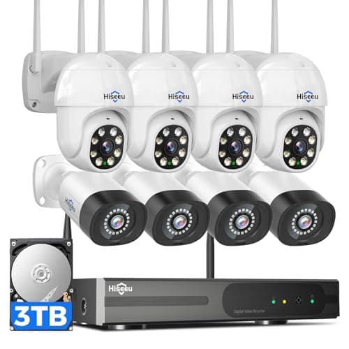 Hiseeu Wireless Security Camera System 5MP PTZ Camer Bullut Camera, Cloro Night Vision 8ps with 3TB HDD 12'' NVR Monitor, WK-8HBC45-CT