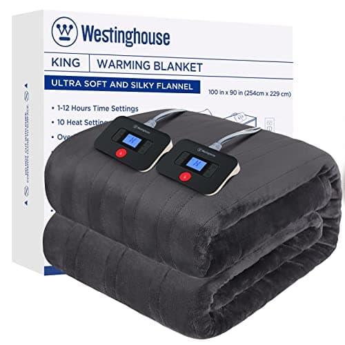Westinghouse Electric Blanket King Size, Super Cozy Soft Flannel 100"" x 90"" Heated Blanket with 10 Fast Heating Levels & 1-12 Auto-Off, Machine Washable, ETL&FCC Certification, Charcoal