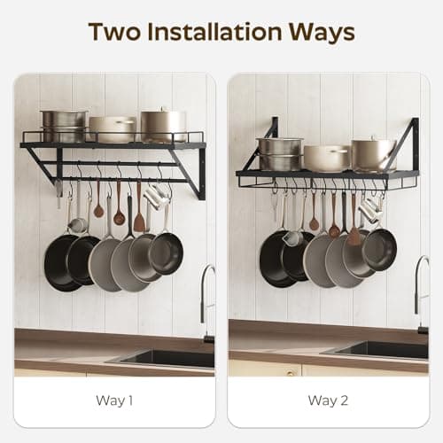 YATINEY Wall Mounted Pot Rack, 23.8 Inch Pot and Pan Organizer with 2 Tier Hanging Rails, 12 S-Hooks, Metal Pot Rack for Kitchen Cookware Organizer, Space Saving, for Kitchen Utensils, Black PR01BK 5