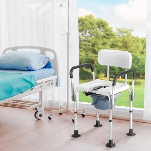 Rengue Bedside Commode, Heavy Duty Padded Drop Arm Commode Chair for Toilet Porta Potty for Adult and Seniors, Height Adjustable Bedside Toilet with Removable Pail, White 7