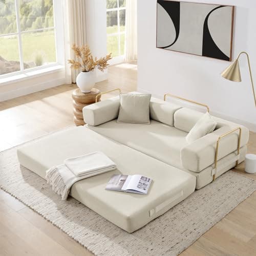 4-in-1 Folding Convertible Sofa Bed, 78 Inch Boneless Couch with Fixed-Shape Frame, Corduroy Loveseat Sleeper with Pull Out Bed, Floor Sofa Modular Futon Couch for Living Room Bedroom Lounge (Beige)