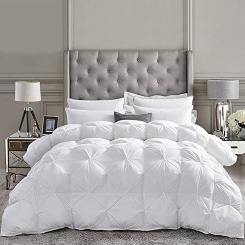 Luxurious All-Season Goose Down Feather Fiber Comforter Queen Size Duvet Insert, Exquisite Pinch Pleat Design, Premium Baffle Box, 100% Egyptian Cotton Cover, 55 oz. Fill Weight, White
