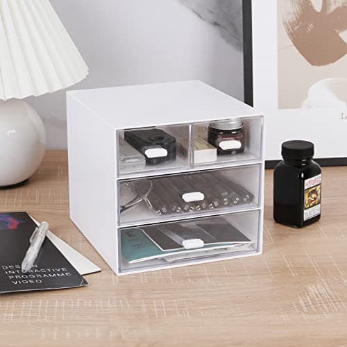 Zyners Desk Organizer with Drawer, Office Organizer with 4 Drawers, Desk Storage Box for, Desktop, Dressing table, Office, School, Home, Plastic Box and 4 Acrylic Drawers(White) 7