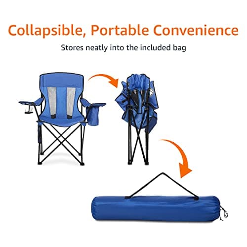 Amazon Basics Portable Folding Camping Chair with 4-Can Cooler, Side Pocket, Cup Holder, and Carry Bag, Sturdy, Breathable Mesh Back, Large, Blue 9