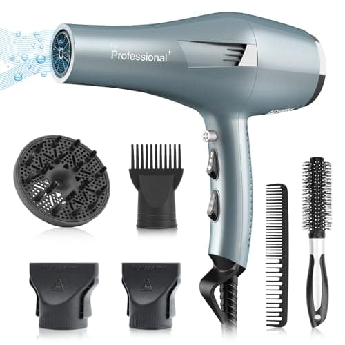 Ionic Salon Hair Dryer, Professional Blow Dryer AC Motor Fast Drying with 2 Speed, 3 Heat Setting, Cool Button, with Diffuser, Nozzle, Concentrator Comb for Curly & Straight Hair-Blue