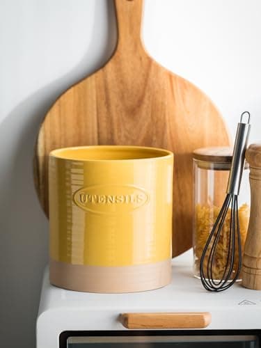YHOSSEUN Kitchen Utensil Holder for Countertop, Ceramic Utensil Holder for Kitchen Counter, Cooking Utensil Crock for Spatula, Oval Shape, Yellow 5