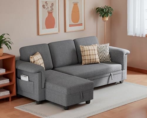 Homall Sleeper Sofa, Pull Out Sofa Couch Bed with Storage Reversible Chaise, L-Shaped Sofas with Side Pocket for Living Room, Small Space (Linen Fabric, Dark Grey) 7