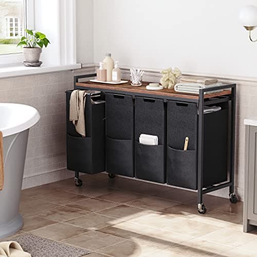 HOOBRO Laundry Sorter 4 Sections, Laundry Hamper with Wheels, 4 × 10.5 Gal (40 L), Rolling Laundry Basket, Pull-Out and Removable Oxford Fabric Bags, Rustic Brown and Black BF04XY01 5
