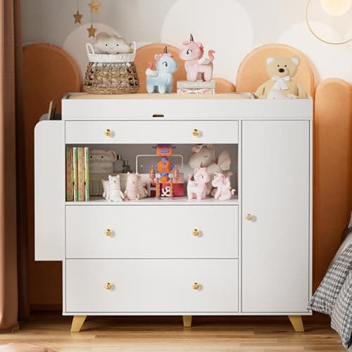 FURNJOYLIFE Nursery Dresser with Baby Changing Table, Modern Diaper Changing Station,Dresser for Nursery with 3 Drawers & Shelves, Storage Crib with Changing Table, White 5