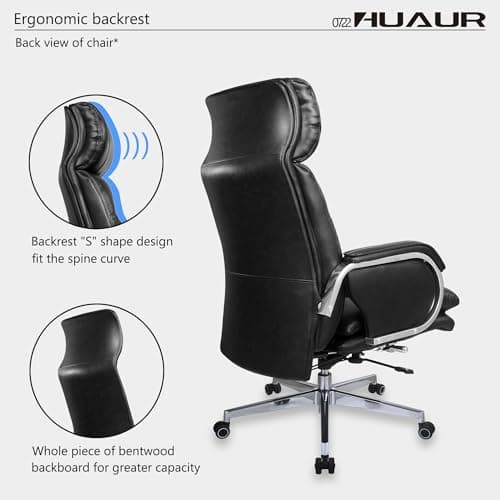 HUAUR Genuine Leather Modern Executive Chair High-Back Support 90 to 150 Degrees Tilt and Upholstered Home Desk Chair with Base 360LB Capacity Swivel Computer Office Chair (Black) 8