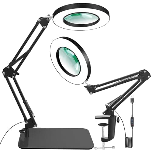 12X Magnifying Glass with Light, 5 Color Modes Stepless Dimmable Magnifier with Stand, LED Lighted Clamp Desk Lamp with Swing Arm, Hands Free for Reading Painting Crafts Close Work