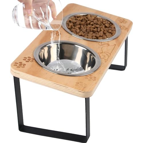 Elevated Cat Bowls 15° Tilted Raised Puppy Pet Food and Water Stainless Steel Bowl Pets Wood Stand Feeder with Pawprint Pattern, for Indoor Cats, Small Dog