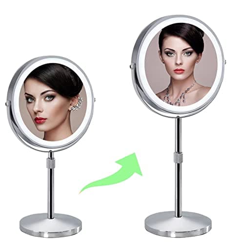 AIKELIN 8" Makeup Mirror with Lights,10X Magnifying Vanity Mirror with 3 Color LED Lights,4000mAH Adjustable Height Tabletop Cosmetic Mirror with Rechargeable Double Sided Lighted Mirror,Chrome