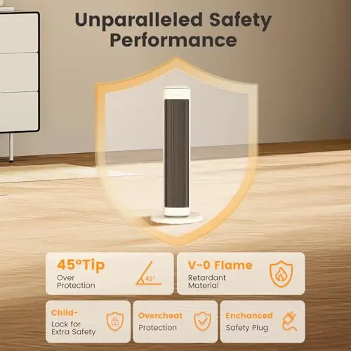 25" Space Heaters For Indoor Use Large Room, Electric Heaters For Indoor Use with Thermostat, Oscillating Room Heaters with Timer, Remote Control, Overheat Protection Tower Heater for Bedroom (Beige) 6