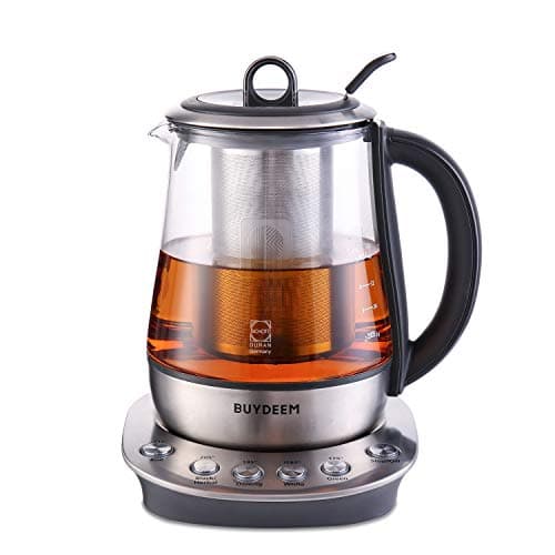 BUYDEEM K2423 Tea Maker, 316 Stainless Steel & Heat Resistant DURAN Glass Electric Kettle, 5 Temperature Settings, Removable Infuser, Auto Keep Warm, 1.2L