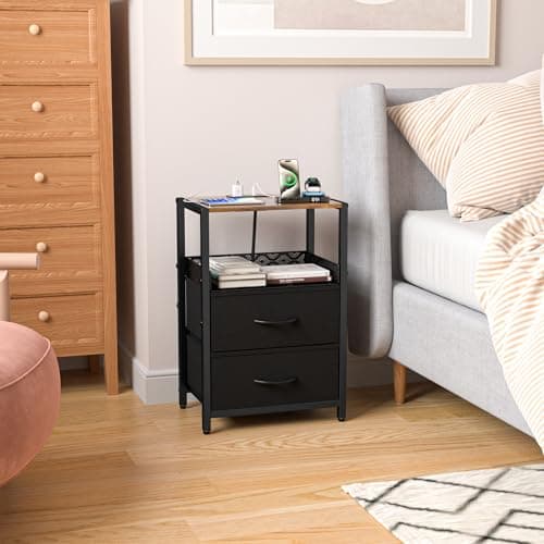 vimiroo Nightstands Set of 2, End Table with Charging Station, Side Tables Bedroom with 4 Fabric Drawers, 3-Tier Bedside Table with Storage Shelf for Living Room, Office, Bedroom (Black) 2