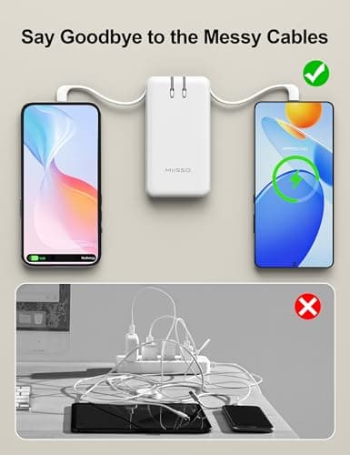 miisso Ultra Slim 10000mAh Power Bank Built-in Cables and Foldable AC Wall Plug, Pocket Size USB C Portable Charger, External Battery Pack Compatible with iPhone Samsung, White 6