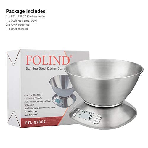 Digital Kitchen Scale with Removable Bowl 2.5L Volume, Electronic Stainless Steel Food Scale for Cooking Baking, Room Temperature, Alarm Timer, 12lb 5.5kg, Batteries Included 8